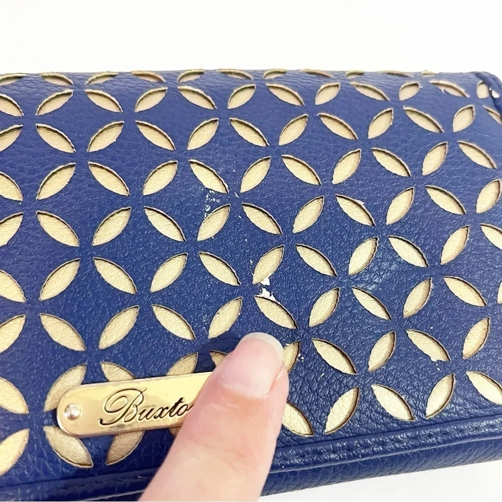 Buxton Womens Wallet Blue & Gold Lazer Cut Organizer Travel Zipper ID Holder
